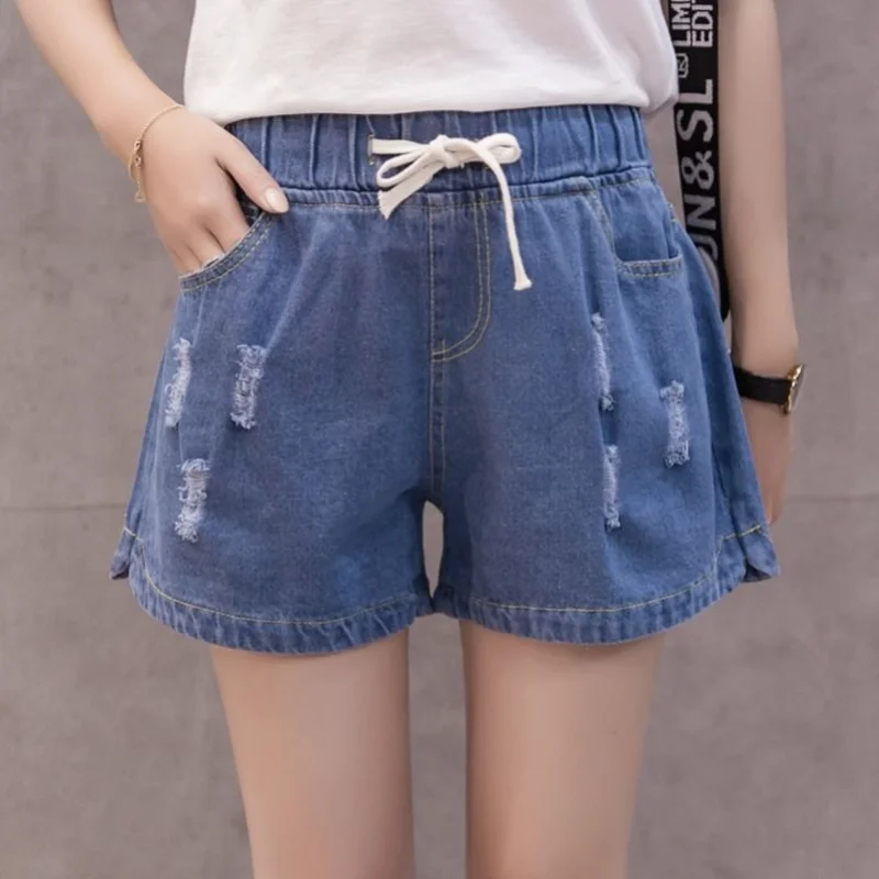 Short Pants for Woman To Wear Office Denim Women's Shorts Ripped with Belt Jeans Work Elastic Waist Elegant Cheap Low Price XL