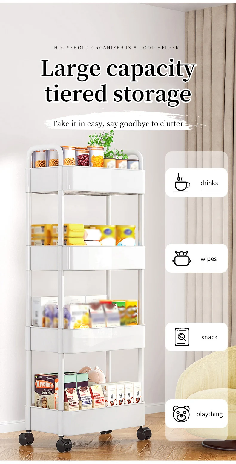 Description Picture 4 of item1 PC 3-Layer Rolling Plastic Storage Cart with Armrests - Space-Efficient Multi-Room Organizer, Matte Finish