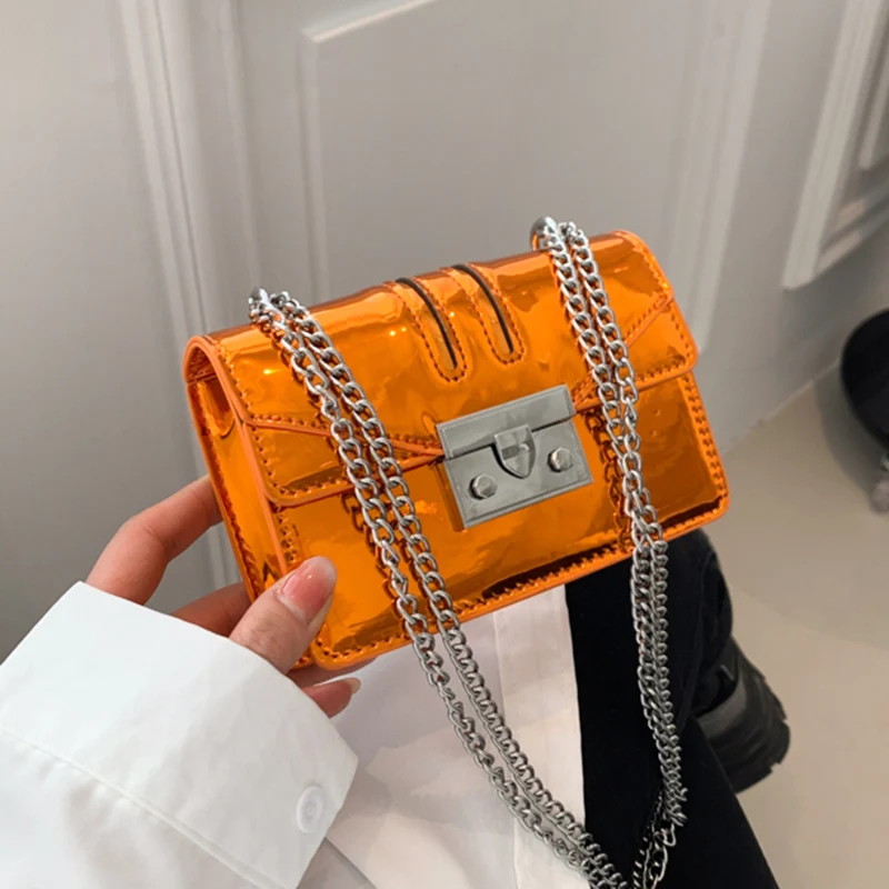 

Модная женская Глянцевая сумка через плечо с лазерным рисунком, корейские такси, миниатюрные сумки через плечо из лакированной кожи на цепочке, розовые, оранжевые маленькие квадратные сумки