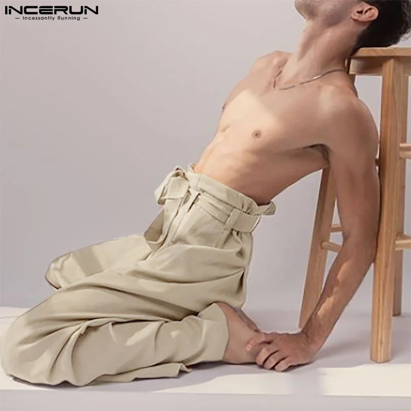 Wide Leg Pants Wide Leg Sweatpants INCERUN Men Pants Joggers Lace Up Solid Color Streetwear Wide Leg Trousers Loose High Waist Casual Pantalon Hombre S-5XL