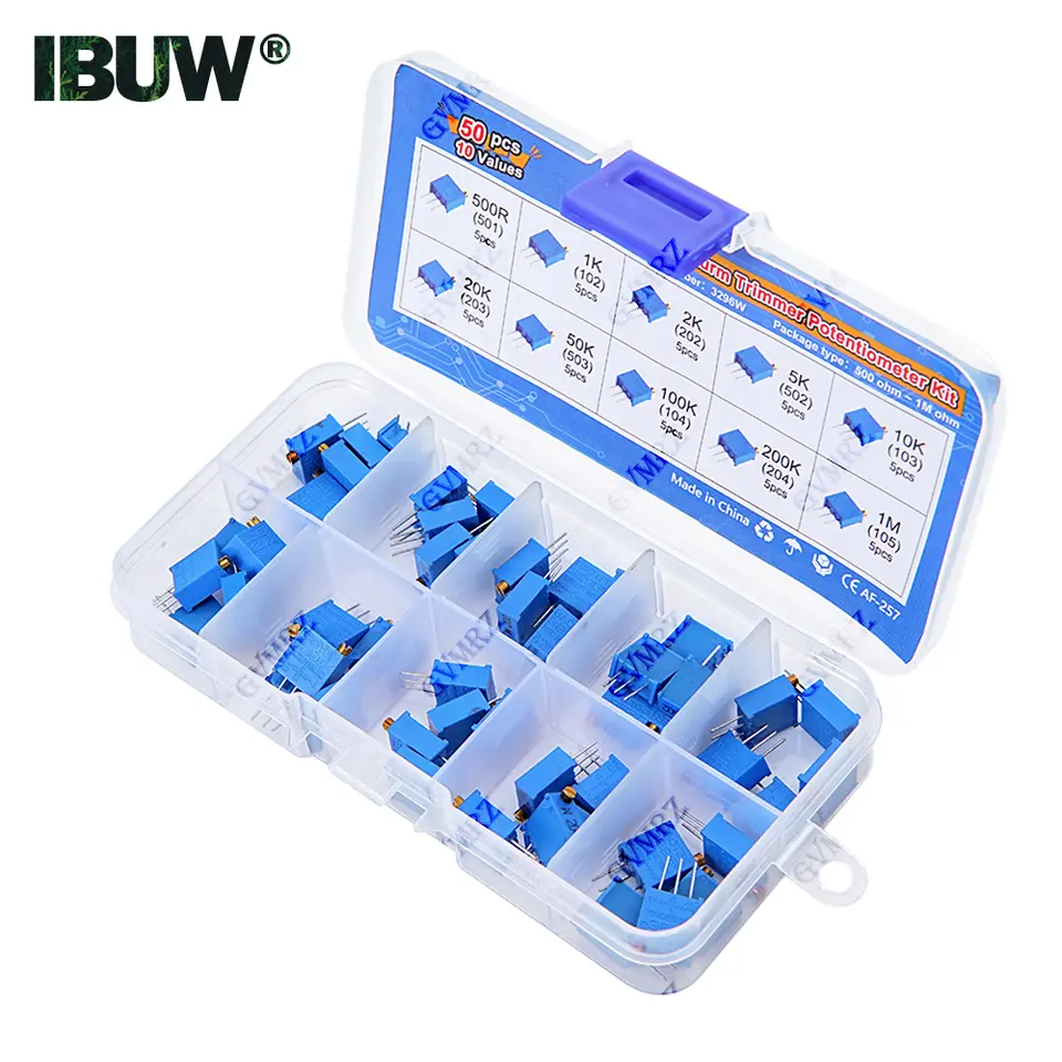 50PCS 10Values 3296W Multiturn Trimmer Potentiometer Kit (500Ω-1MΩ) in Box for Precision Circuit Tuning & Electronics DIY image 1