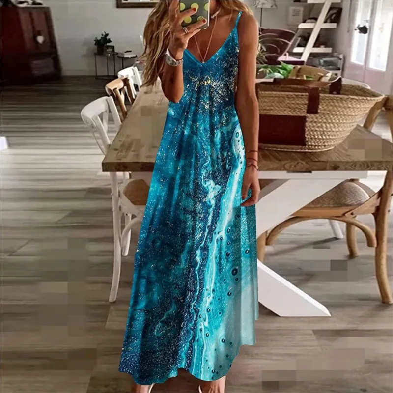 

Summer Sexy V-neck Printed Strap Sleeveless Loose Fit Long Dresses 2023 Women Casual Maxi Vestido De Noche Largos Elegantes