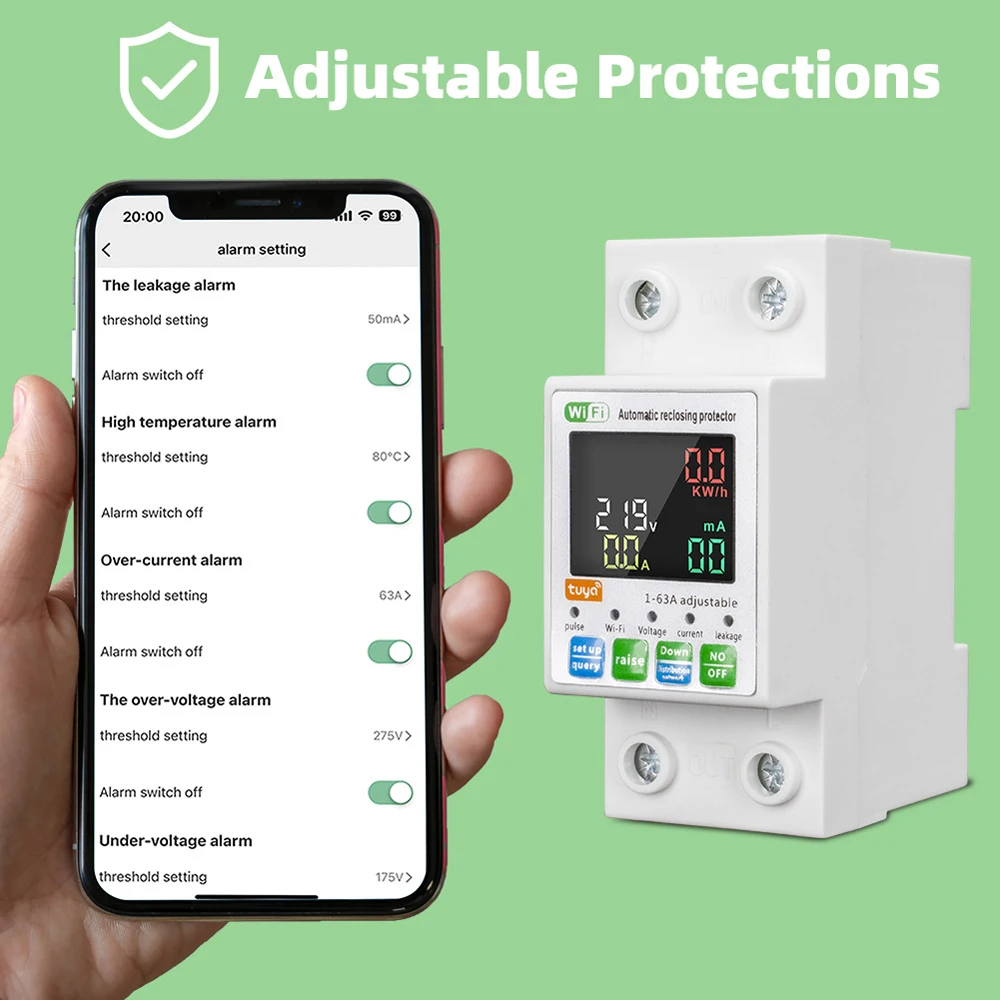 Circuit Breaker Tuya WiFi Smart Single-Phase Energy Meter Auto-Reclosing Protector APP Remote Control Work with Alexa and Google
