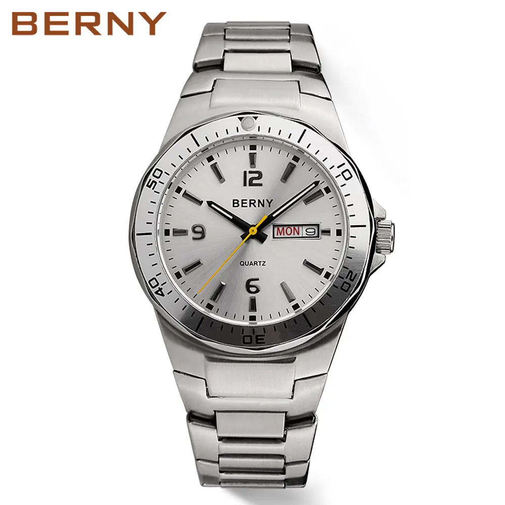 Berny Men's Watches Quartz 40mm Retro Business Day-date Waterproof Stainless Steel Bracelets Male Gift Classical Watch for Men