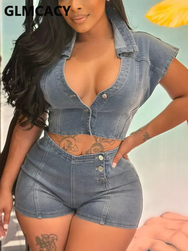 

Women 2 Piece Denim Suits Short Sleeve Buttoned Crop Top Jacket & Slim Jeans Shorts Set
