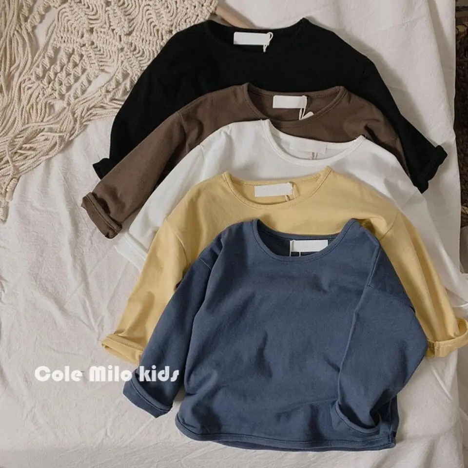 Baby Boys Cotton T-shirts Spring Autumn New Girls Solid Color Kids Tops Long Sleeve Loose Toddlers Children Casual Tees