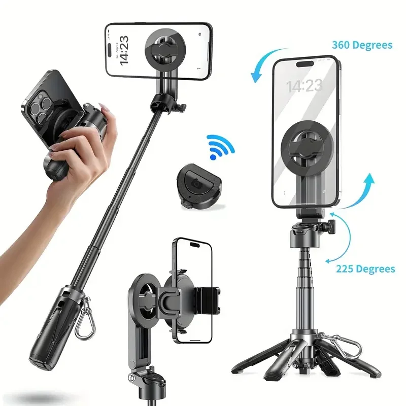 Magsafe Tripod Stand for iPhone Portable Pocket Size Selfie Stick Rechargeable Remote Metal Ring Compatible with Android