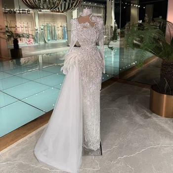 White mermaid gown luxurious flowers pearl high neck lace long sleeve dress feather train dress wedding party gown customizable 1