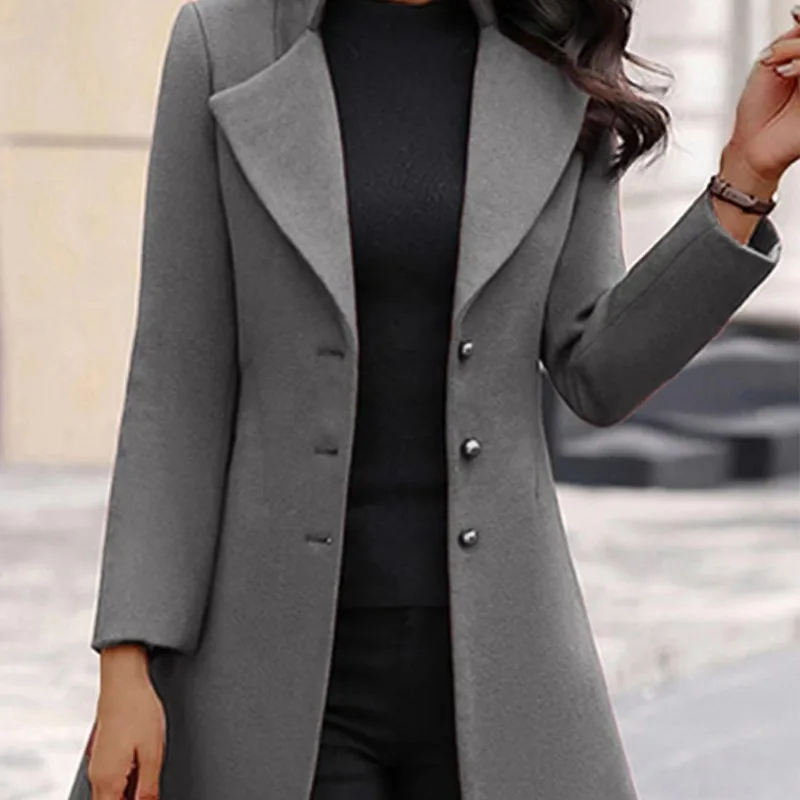 Autumn and Winter Women's Solid Color Loose Fit Spliced Long Sleeve Polo Button Woolen Cardigan Fashion Casual Commuter Coat