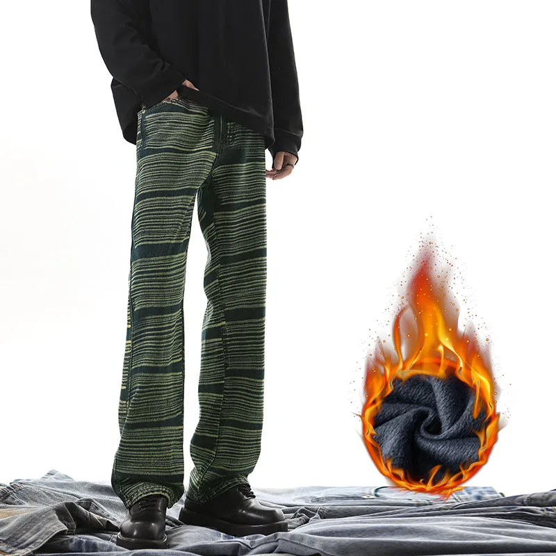 Warm Men’s Stripe Washed Fleece-Lined Denim Jeans – Loose Wide-Leg Streetwear 2