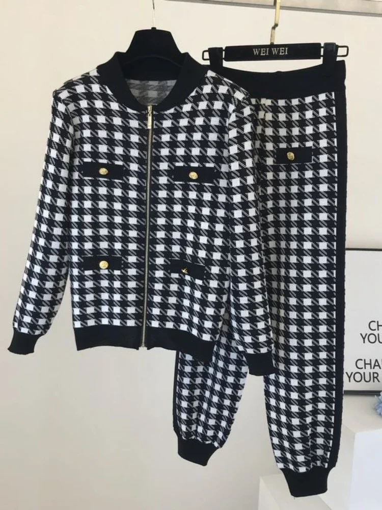 

Women's 2023 Black and White Thousand Bird Plaid Casual Wide Leg Lantern Trouser Set Women's Autum Foreign Style Two Piece Set