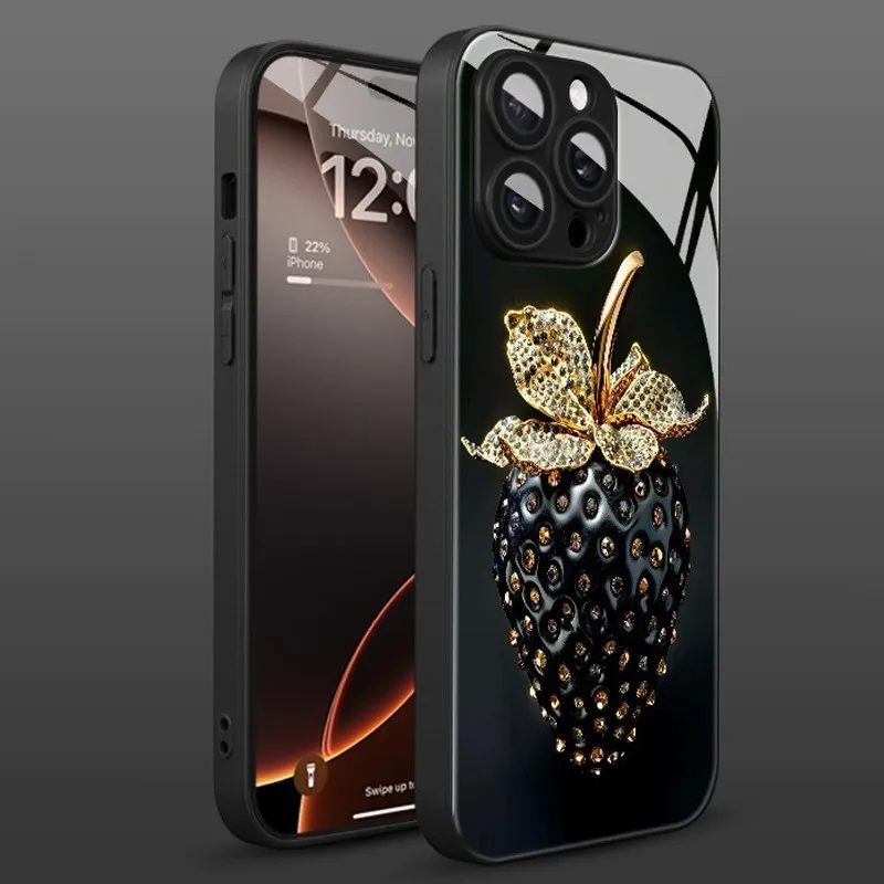 Elegant Black Strawberry Pattern Phone Case - Glass & Silicone Design