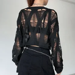 Vintage Hole Ripped Knitted Smock Tops Sexy Fashion Cropped Pullover Hollow Out Spring Autumn Sweater Knitwear