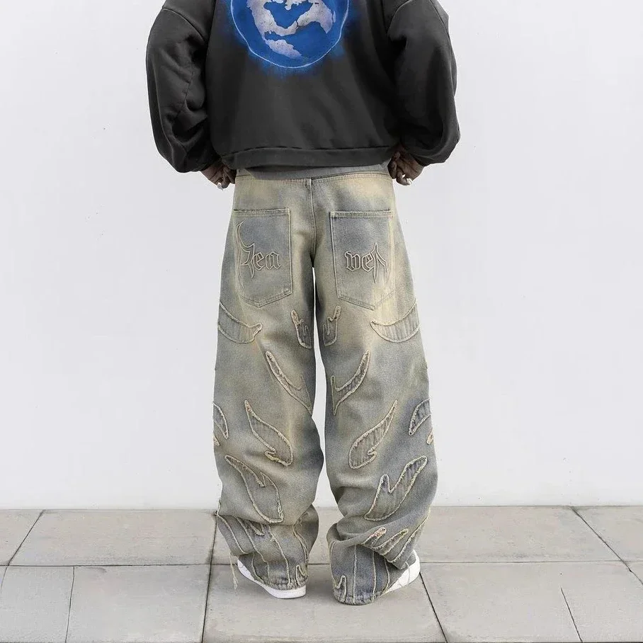 Men's and Women's Jeans Splicing Tattered Striped Overalls Denim Loose Low-rise Wide-leg Pants Retro Hip Hop Harajuku Y2k Baggy 4