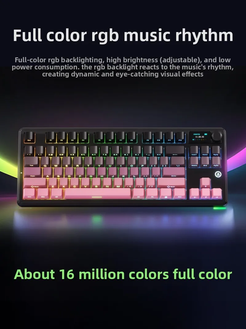 AJAZZ MK87 무선 기계식 키보드 플러그형 노브 및 디스플레이 스크린 인체공학적 RGB 맞춤형 오피스 게이밍 키보드