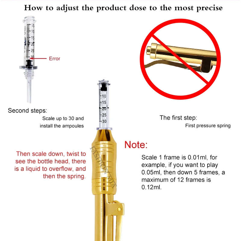 24K Gold 0.3ml Hyaluronic Pen with High Pressure for Hyaluronic Acid Mesotherapy Gun Beauty Tool 0.3ml Ampoule Head Adapter