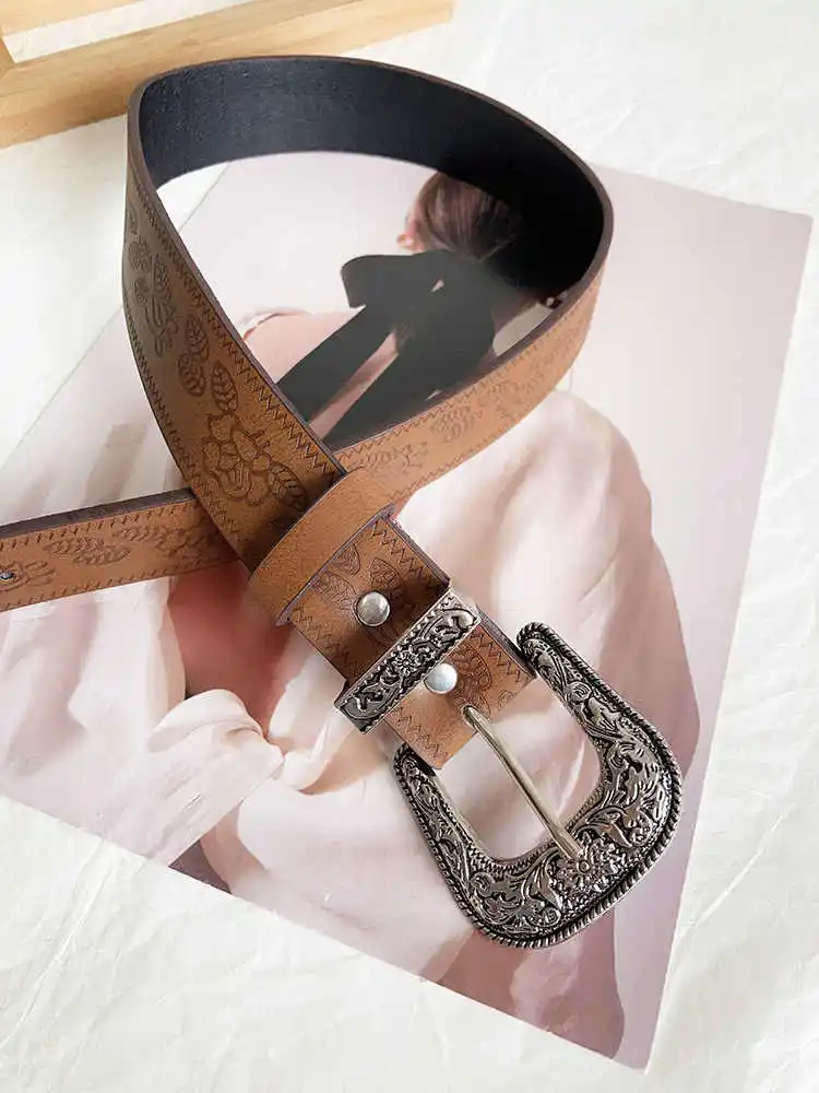 Leather Belt Womens Dress Belt Y2K subculture retro engraved waist belt women's rose pattern brown pants belt