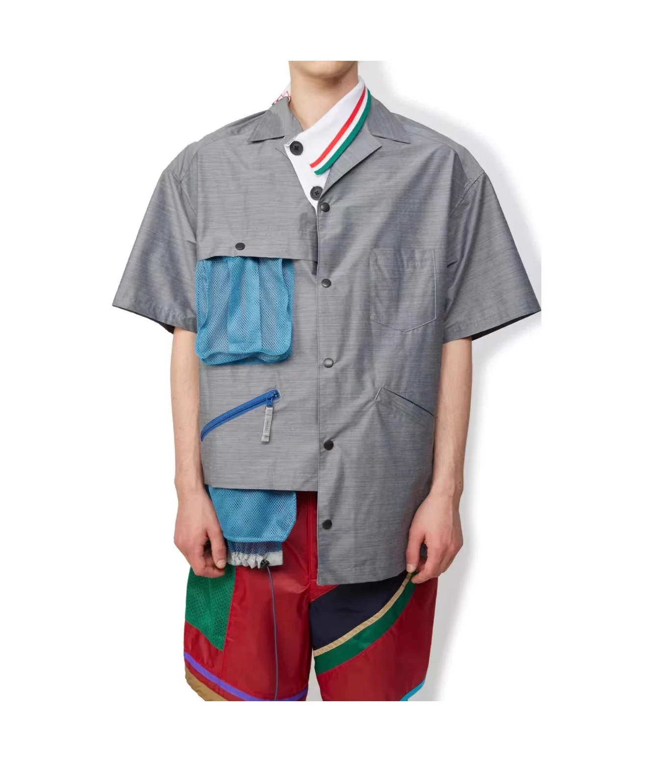

23SS KOLOR Abe Junichi Japanese two-color irregular lapel mesh color-blocked short-sleeved shirt