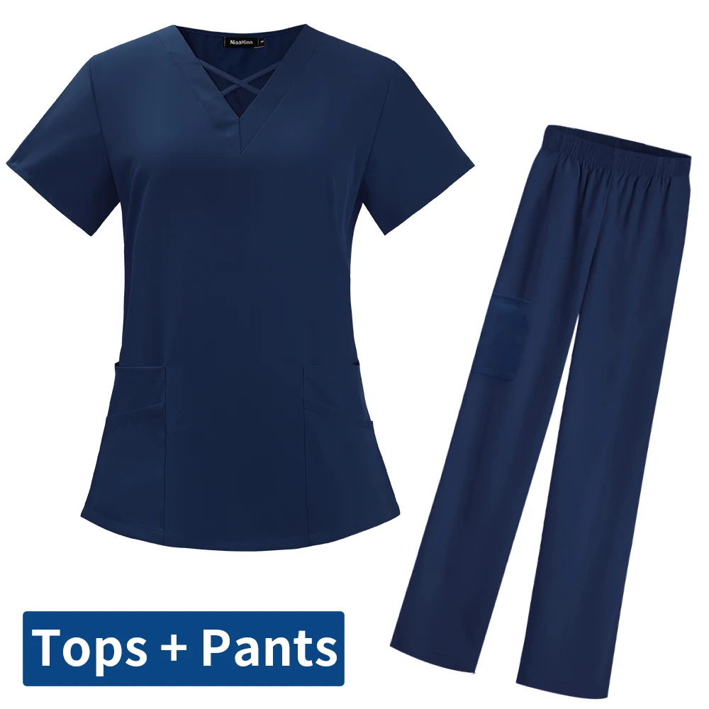 Classic V-neck Tops and Pants Scrubs Set Women Short Sleeved Nursing Uniform Pet Doctor Work Clothing Surgery Workwear