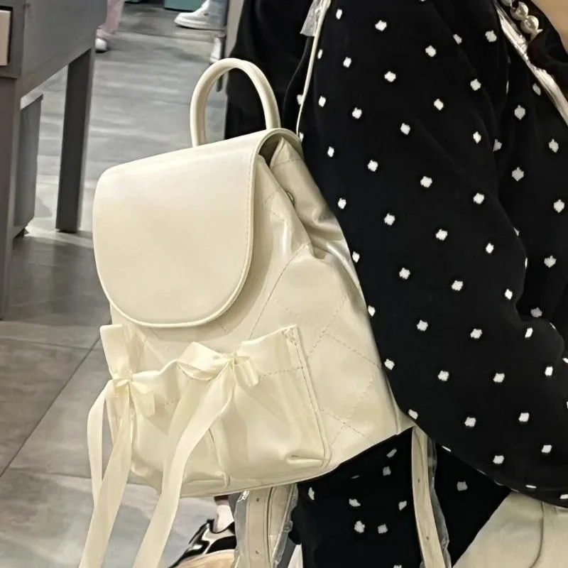 JIAERDI Sweet Cute Bow Backpack Women Ballet Style Ribbon Diamond Lattice Rucksack Ladies Elegant Gentle Casual Mochilas Mujer