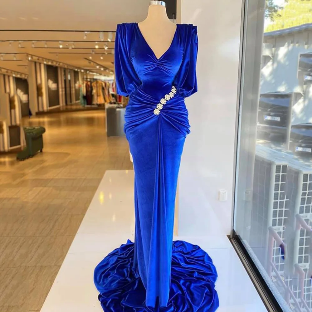 

Yipeisha Deep V-neck Mermaid Evening Gown Royal Blue Velvet Prom Dress with Sleeves Velour Pageant Party Custom Made