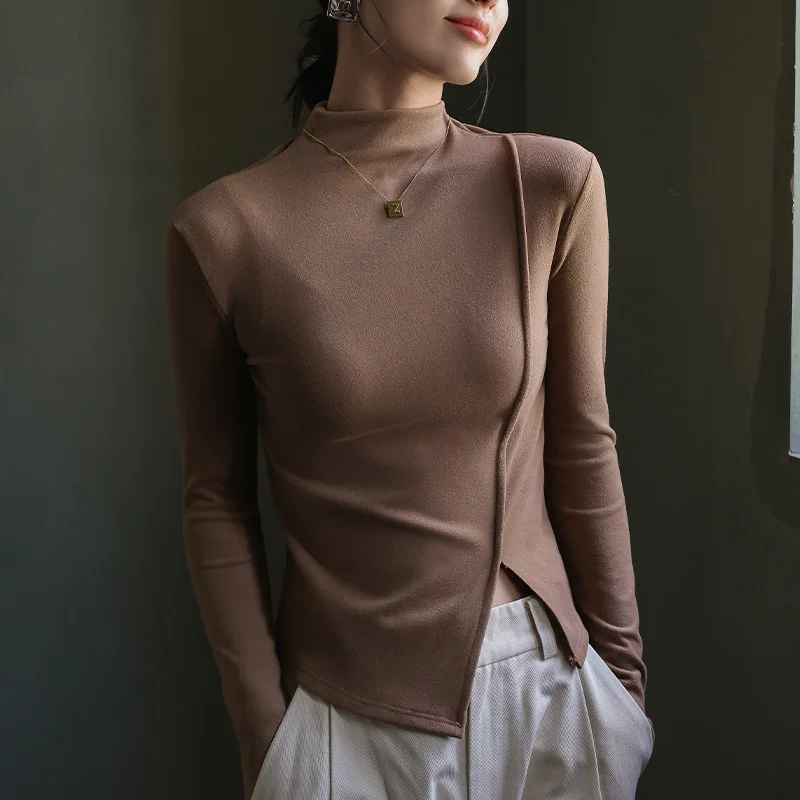 Autumn Women's T-Shirt Korea Stylish Elegant Casual Slim Layering Tops Warm Fleece Sexy Slit Winter Female Blouse Outfit C5400
