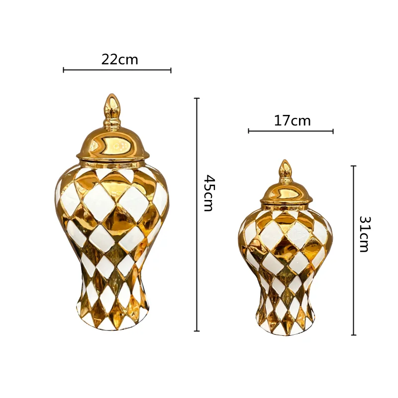 Gold Ringer Checkmate Can Ceramic Ginger Jar Storage Tank Flower Vase Porcelain Artifact Floral Accessories Home Decoration 5