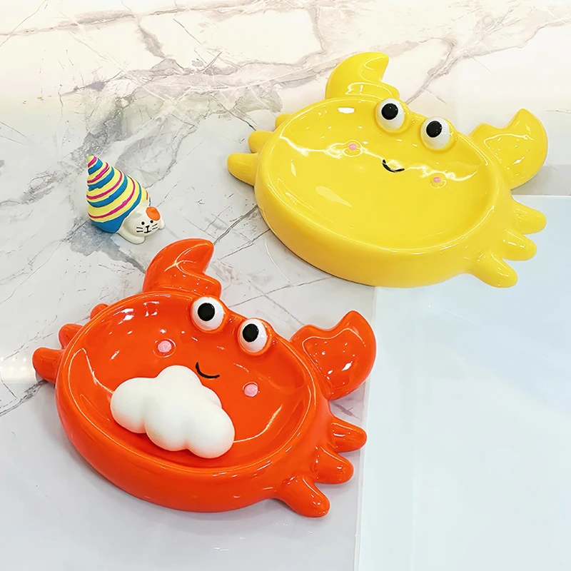 Ceramic Cute Soap Box Light luxury Cartoon Crab Shaped Soap Dish, Household Bathroom Kitchen Supplies Bathroom Storage Rack, 1Pc