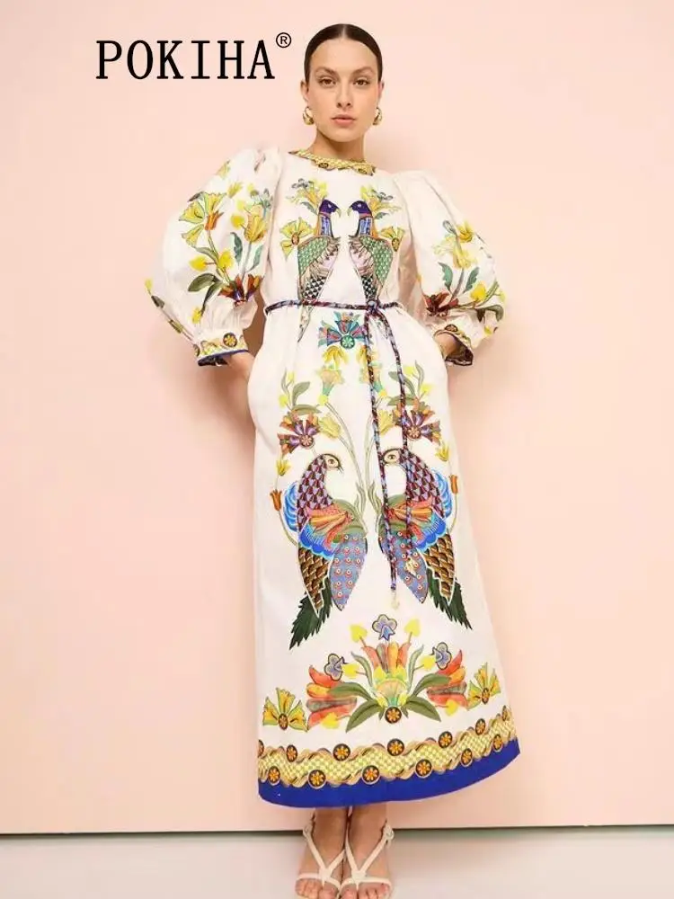 

2023 Autumn Fashion Printed Elegant Robe Women Lace Up Midi Dress Vintage Puff Sleeve Chic Female Split Dresses Vestidos Mujer