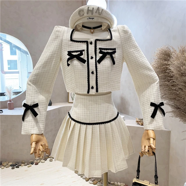 Small Fragrance Tweed 2 Piece Set Women Bow Short Jacket Coat + Skirt Suits  Sweet Outfits Vintage Small Fragrance Two Piece Sets - Dress Sets -  AliExpress