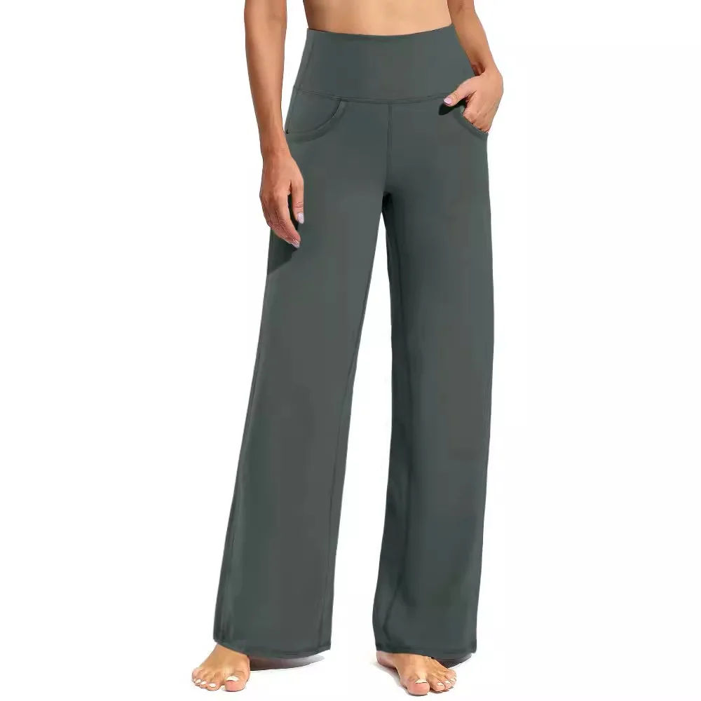 Women's Solid Color Straight Leg Pocket Yoga Pants Wide Leg Pants
