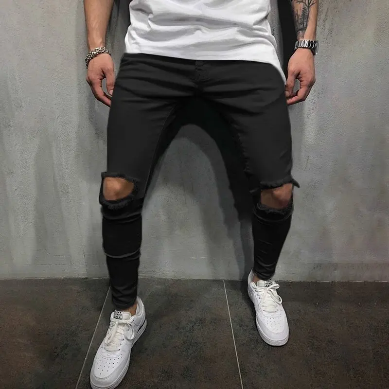 Men Ripped Jeans Spring Summer Autumn Fashion Casual Hole Slim Fit Skinny Stretch Long Denim Pants Streetwear