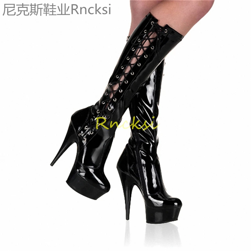 

15cm Nude-colored waterproof platform elastic boots, thin-heeled booties, high-heeled boots, women's new super-high heels