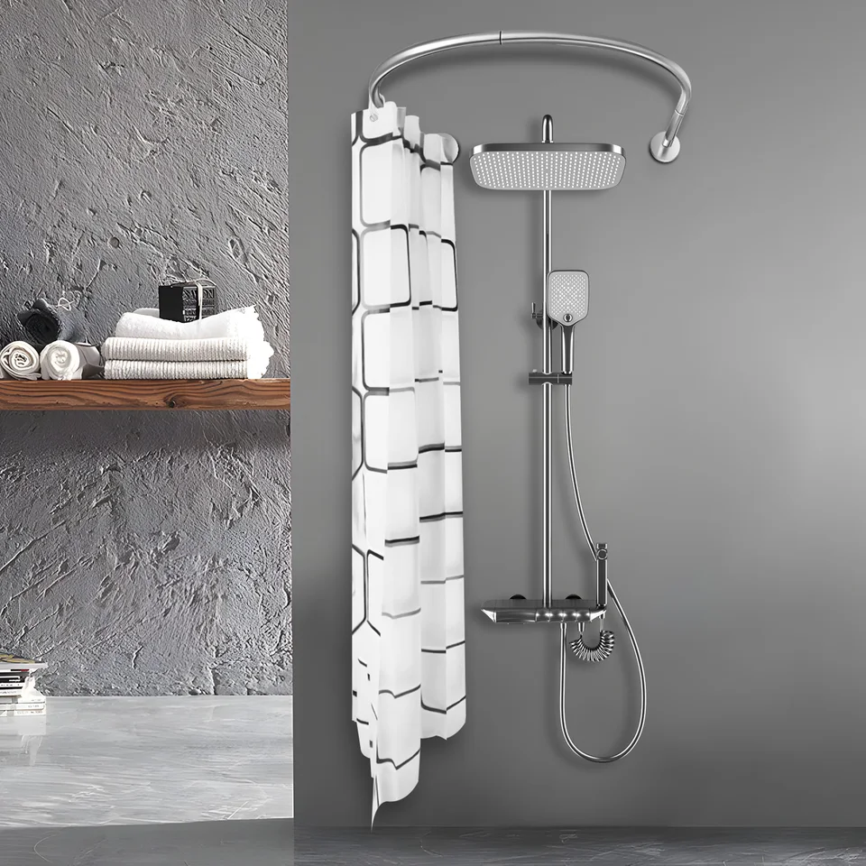 U Shaped Shower Curtain Rod with Polyester Curtain
