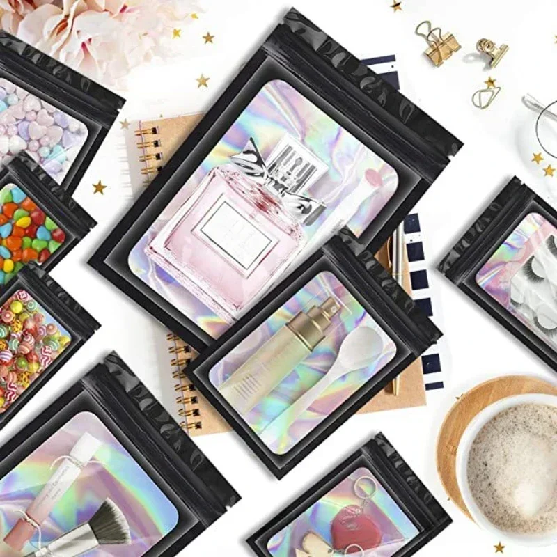 Thick Smell Proof Mylar Bag Holographic Laser Color Plastic Packaging Pouch Jewelry Retail Storage Pouch Gift Zip Lock Bag 50PCS mylar bags,jewelry storage bags,holographic mylar bags,holographic storage bag,holographic bags