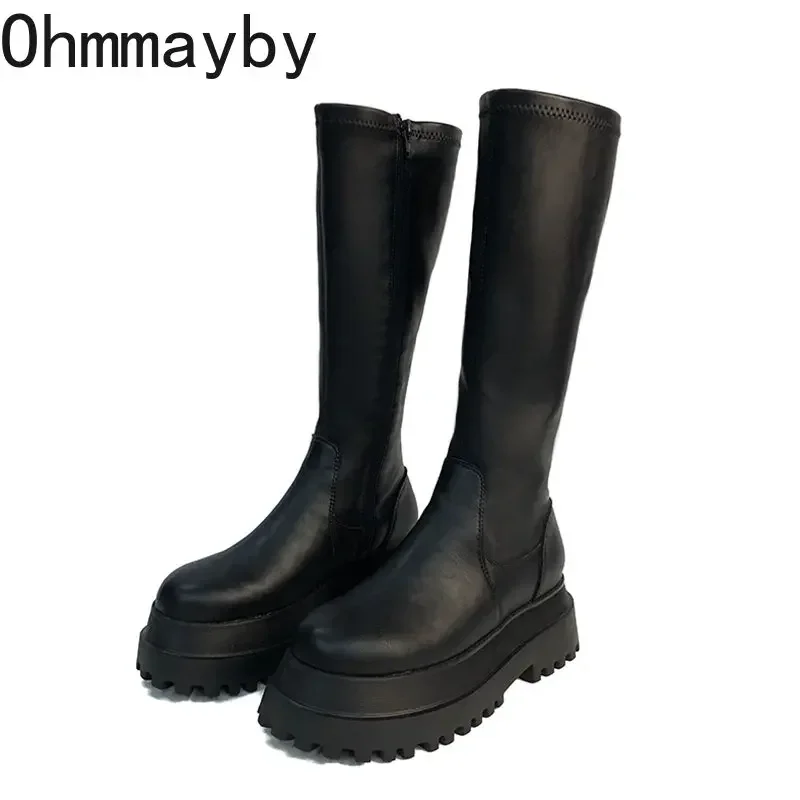 Women Knee High Boots Winter Chunky Platform Heels Round Toe Zipper Thick Sole Ladies Fashion