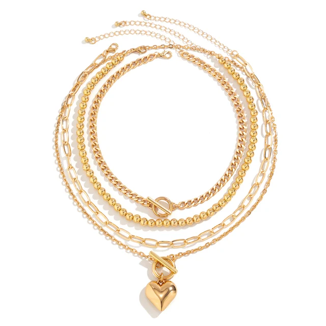 4Pcs/Set Punk Gold Color Heart Pendant Necklace 5