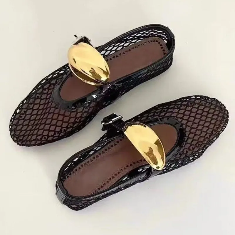 

Luxury Ballet Flat Shoes Woman Mesh Hollow Outs Mary Jane Shoes Genuine Leather Loafers Rivet Studded Summer Walking ShoesWomen