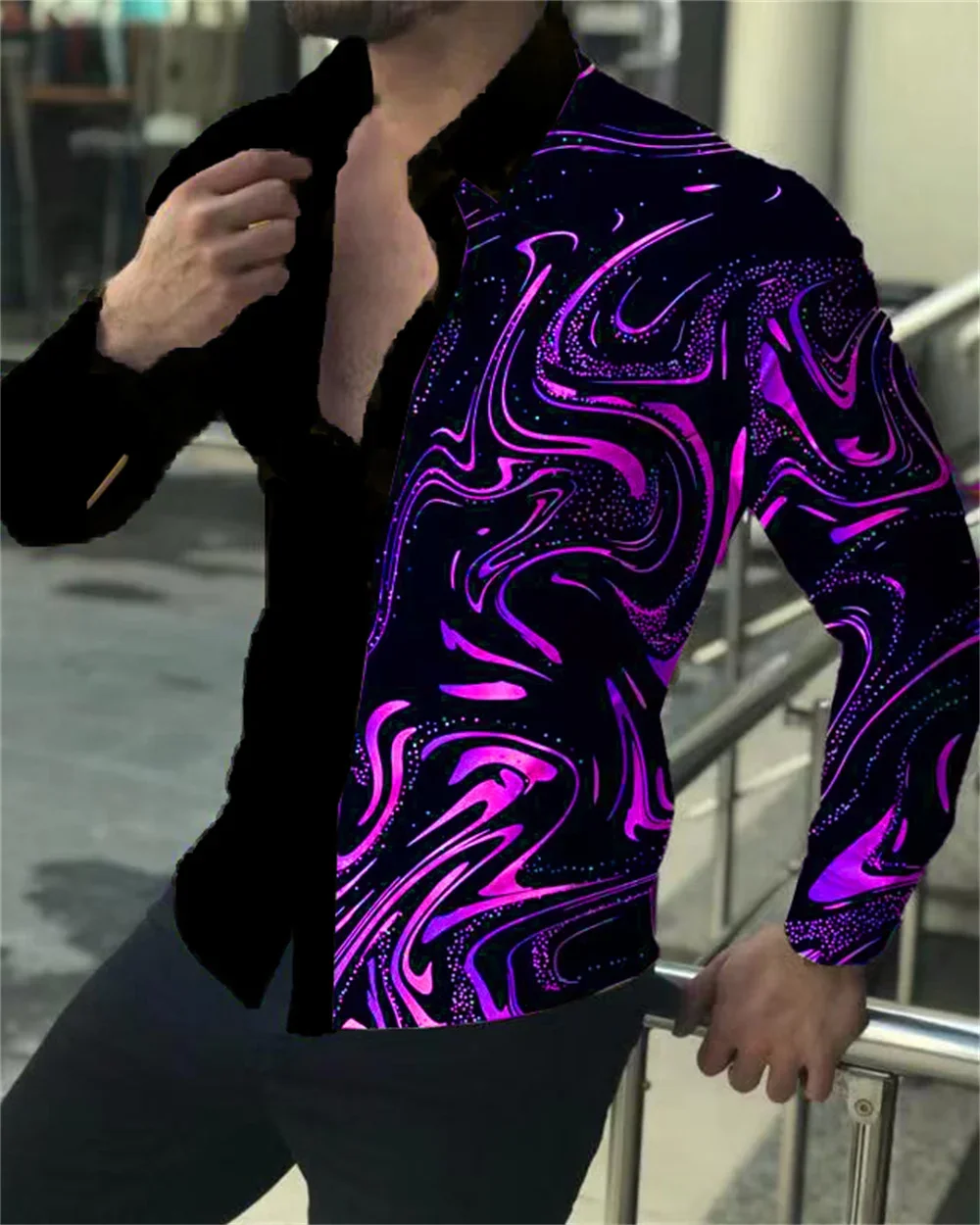 2023 latest men's prom fashion luxury social men's lapel single-breasted cardigan shirt casual printed long-sleeved shirt