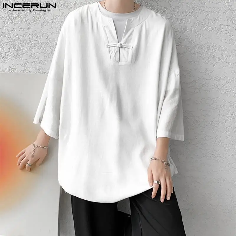 

Рубашка INCERUN мужская с V-образным вырезом, винтажная блуза свободного покроя с короткими рукавами, уличная одежда в стиле ретро, повседневная одежда в китайском стиле, однотонная, 2024