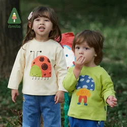 Amila Baby T-shirt 2023 Spring New Long Sleeves Cute Cartoon Print 100% Cotton Kids Tops Children's Clothing Tees 0-6 Years