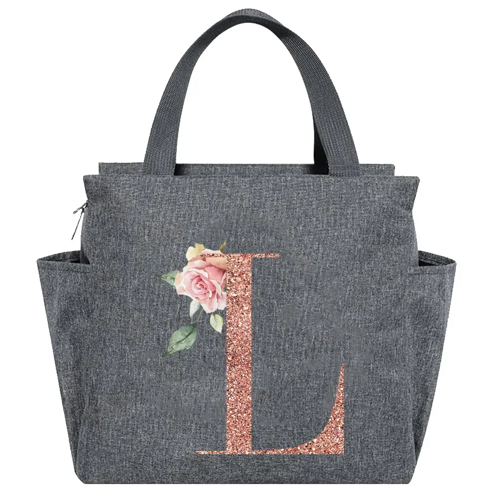 Rose Gold Insulated Lunch Tote with Letter Print