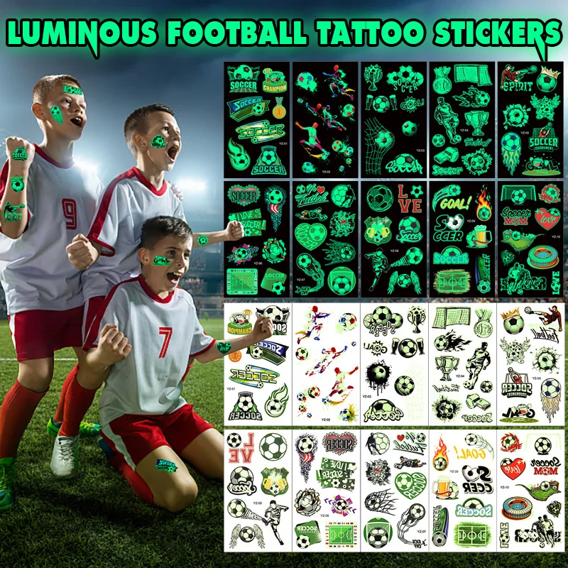 

10pcs Luminous Football Tattoo Stickers Cartoon Soccer Glowing Stickers Face Arm Body Art Temporary Waterproof Tattoos for Kids