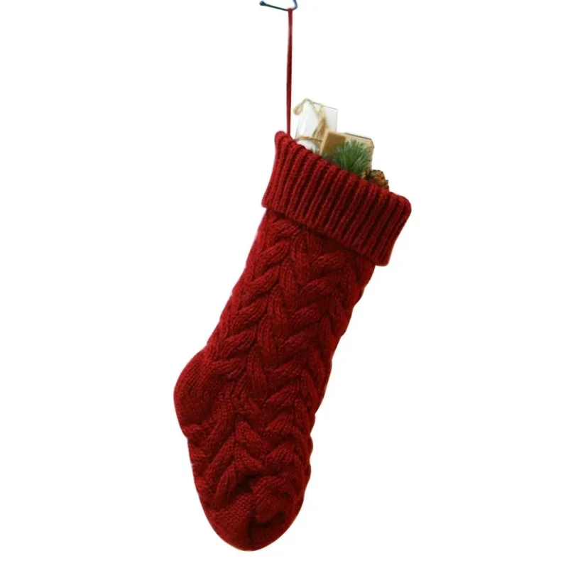 1pc Christmas Knitted Stockings Decor Festival Gift Bag Fireplace Xmas Tree Hanging Ornaments Red White Christmas Sock