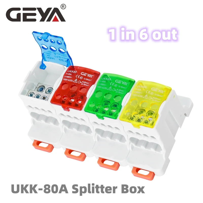 GEYA UKK-80A Distribution Box Din Rail Terminal Block 1 In 6Out Power Junction Box 80A Universal Electric Wire Connector wire connectors din rail terminal block din rail distribution box