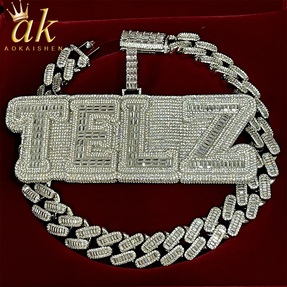 Aokaishen Custom Big Baguette Zircon Letter Name Pendant Men Necklace Chain Customized Heavy Hip Hop Rock Rapper Jewelry