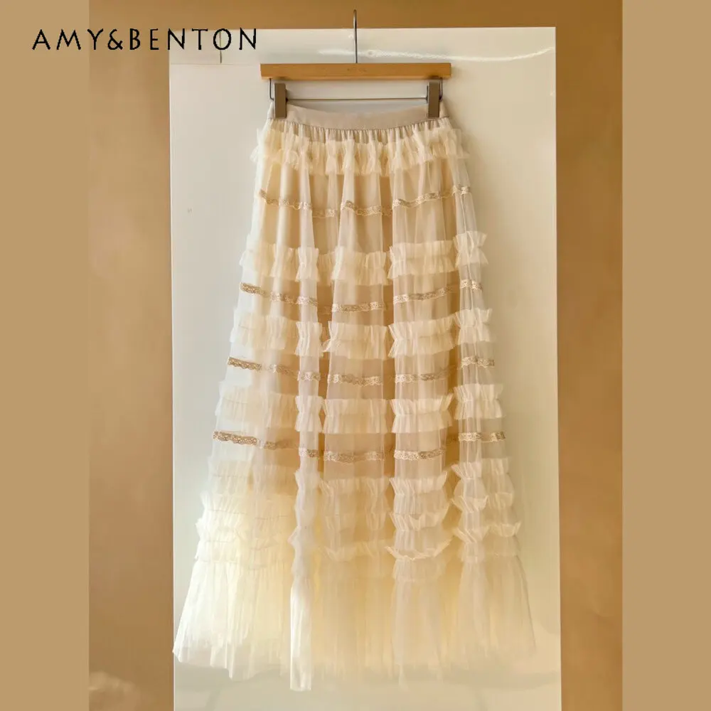 

Spring and Summer 2023 New Gentle Mesh Stitching Wooden Ear Cake Mid-Length Skirt Women's All-matching A-line Skirt Faldas