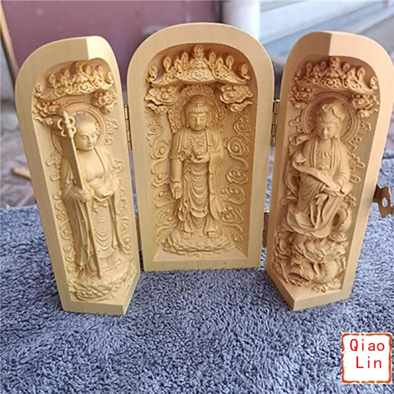 Solid Wood Carving Three Open Buddha Statue, Collapsible Sculpture, Living Room and Bedroom Decoration, Modern Art