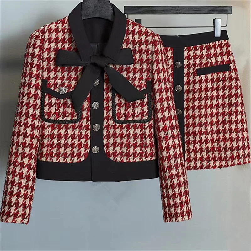 

New Fashion Fall Winter 2023 Light Luxury Tweed Set For Woman Plaid Coat+High Waist Slim Skirt Korean Office Lady Two Piece Suit