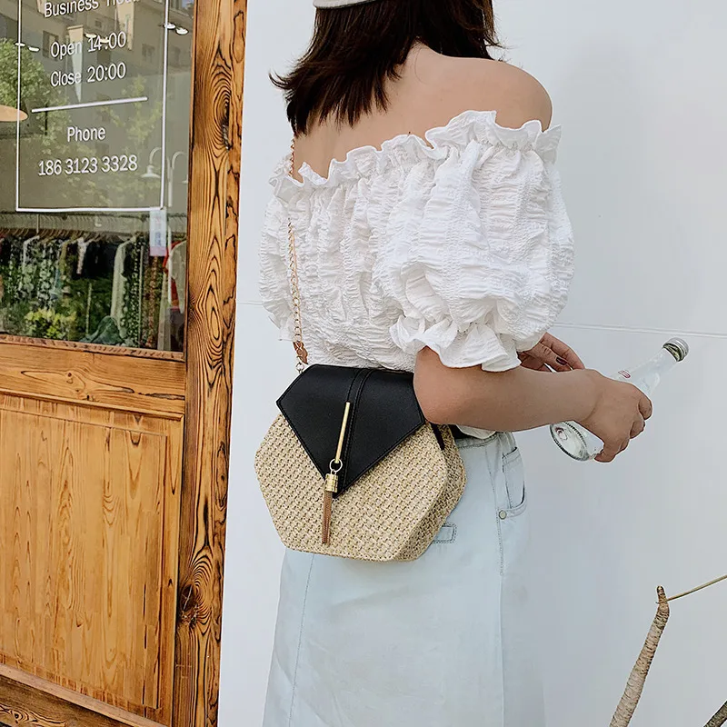 Women Shoulder Bag Hex-shape Mulit Style Straw + leather Handbag Summer Rattan Bag Handmade Woven Beach Circle Bohemia women shoulder bag